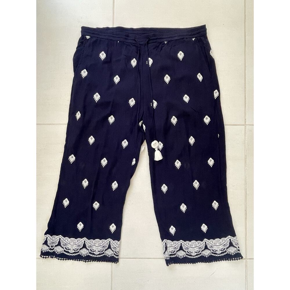 Sundance Pants Crop High Waist Embroidered Pull on Drawstring